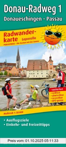 Radwanderkarte Donau-Radweg 1, Donaueschingen - Passau: Mit Ausflugszielen, Einkehr- & Freizeittipps, reissfest, wetterfest, beschriftbar, GPS-genau, ... reissfest, wetterfest, recycelbar, GPS-genau