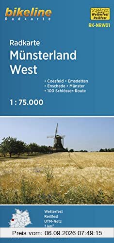 Radkarte Münsterland West (RK-NRW01): Coesfeld – Emsdetten – Enschede – Münster – 100 Schlösser-Route, 1:75.000, wetterfest/reißfest, GPS-tauglich mit UTM-Netz (Bikeline Radkarte)