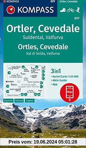 KOMPASS Wanderkarte 077 Ortler, Cevedale, Suldental, Valfurva 1:25000: 3in1 Wanderkarte mit Aktiv Guide inklusive Karte 