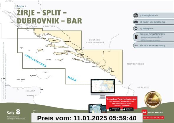 Sportbootkarten Satz 8: Adria 2 (Ausgabe 2023/2024): Zirje - Split - Dubrovnik - Bar