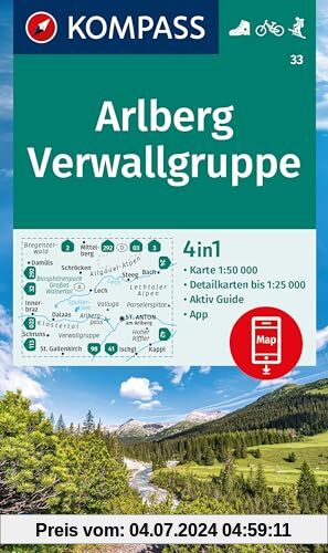 KOMPASS Wanderkarte 33 Arlberg, Verwallgruppe 1:50.000: 4in1 Wanderkarte mit Aktiv Guide und Detailkarten inklusive Kart