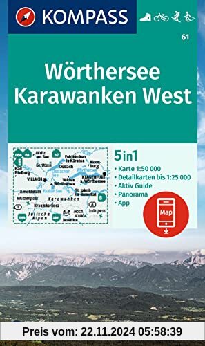 KOMPASS Wanderkarte 61 Wörthersee, Karawanken West 1:50.000: 5in1 Wanderkarte, mit Panorama, Aktiv Guide und Detailkarte