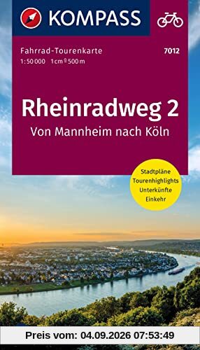 KOMPASS Fahrrad-Tourenkarte Rheinradweg 2, von Mannheim nach Köln 1:50.000: Leporello Karte, reiß- und wetterfest