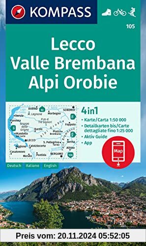 KOMPASS Wanderkarte 105 Lecco, Valle Brembana, Alpi Orobie 1:50.000: 4in1 Wanderkarte mit Aktiv Guide und Detailkarten i