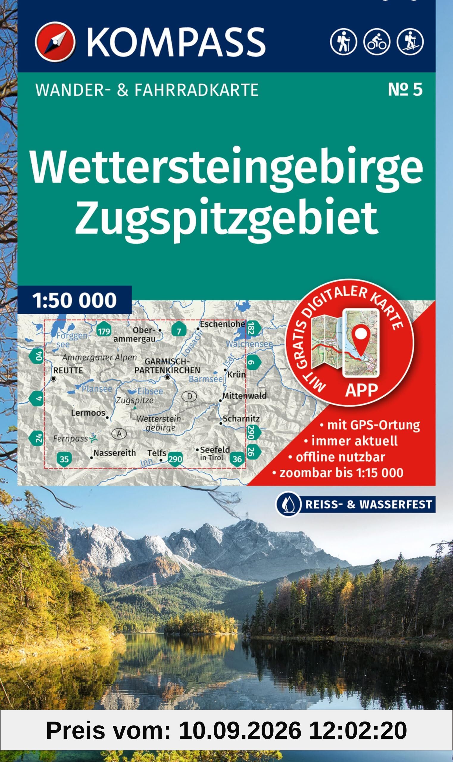 KOMPASS Wanderkarte 5 Wettersteingebirge, Zugspitzgebiet 1:50.000: Wander- und Fahrradkarte in einem - inklusive Offline-Verwendung in der KOMPASS-App. Wander-& Radwege. Skitouren. Langlaufen. Reiten.