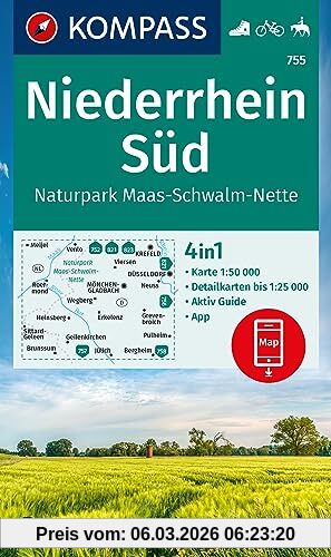 unbekannt Kompass Wanderkarte 755 Niederrhein Süd, Naturpark Maas-Schwalm-Nette 1, 50.000, 4in1 Wanderkarte Mit Aktiv Guide Und Detailkarten Inklusive Karte