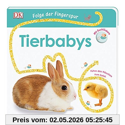 Folge der Fingerspur. Tierbabys: Führe das Häschen zum Salat. Mit Glitzerspur und Gucklöchern.