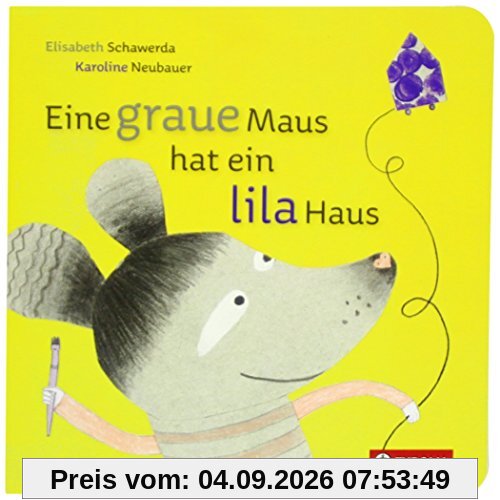 Eine graue Maus hat ein lila Haus