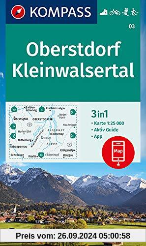 KOMPASS Wanderkarte Oberstdorf, Kleinwalsertal: 3in1 Wanderkarte 1:25000 mit Aktiv Guide inklusive Karte zur offline Ver