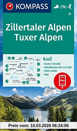 Kompass-Karten GmbH Kompass Wanderkarte 37 Zillertaler Alpen, Tuxer Alpen 1, 25.000, 4in1 Wanderkarte , Mit Aktiv Guide Und Detailkarten Inklusive Karte Zur Offline