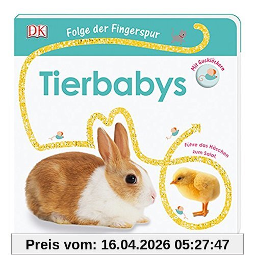 Folge der Fingerspur. Tierbabys: Führe das Häschen zum Salat. Mit Glitzerspur und Gucklöchern.