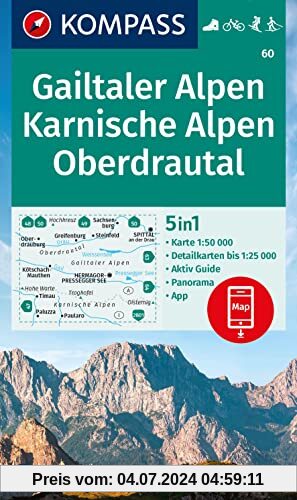 KOMPASS Wanderkarte 60 Gailtaler Alpen, Karnische Alpen, Oberdrautal 1:50.000: 5in1 Wanderkarte, mit Panorama, Aktiv Gui