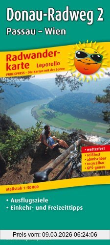 PublicPress Radwanderkarte Donau-Radweg 2 Passau-Wien, Mit Ausflugszielen, Einkehr- Und Freizeittipps, Reissfest, Wetterfest, Abwischbar. 1, 50000,