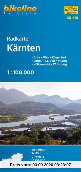 Kärnten: Drau – Glan – Klagenfurt – Spittal – St. Veit – Villach – Völkermarkt – Wolfsberg, 1:75.000, wetterfest/reißfest, GPS-tauglich mit UTM-Netz (Bikeline Radkarte)