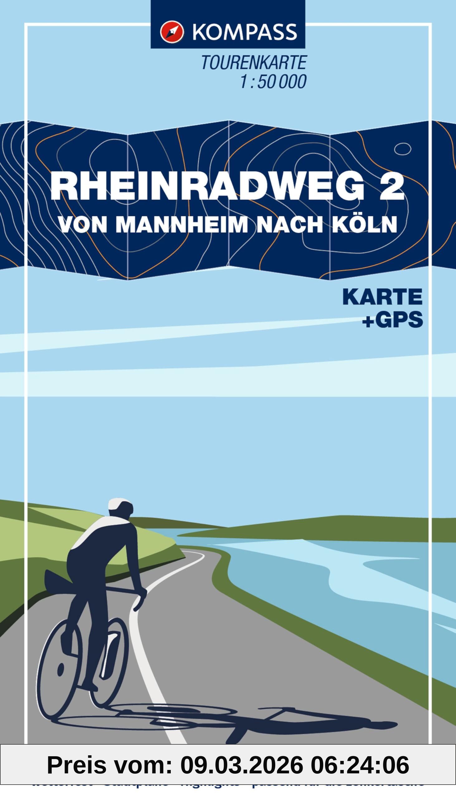 unbekannt Kompass Fahrrad-Tourenkarte Rheinradweg 2, Von Mannheim Nach Köln 1, 50.000, Leporello Karte, Reiß- Und Wetterfest