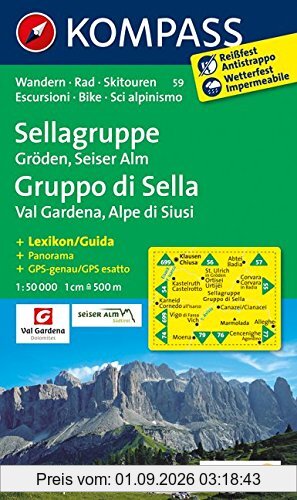 Sellagruppe - Gröden - Seiseralm / Gruppo di Sella - Val Gardena - Alpe di Siusi: Wanderkarte mit Kurzführer dt. /ital., Radwegen und alpinen ... 1:50000 (KOMPASS-Wanderkarten, Band 59)