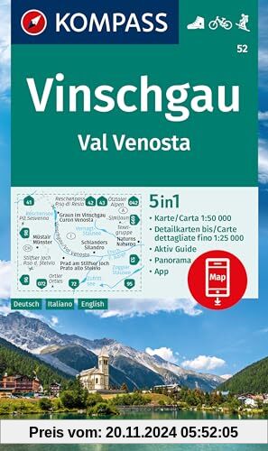 KOMPASS Wanderkarte 52 Vinschgau / Val Venosta 1:50.000: 5in1 Wanderkarte mit Aktiv Guide, Detailkarten und Panorama ink