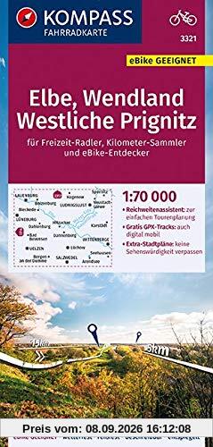 KOMPASS Fahrradkarte Elbe, Wendland, Westliche Prignitz 1:70.000, FK 3321: reiß- und wetterfest mit Extra Stadtplänen (KOMPASS-Fahrradkarten Deutschland, Band 3321)