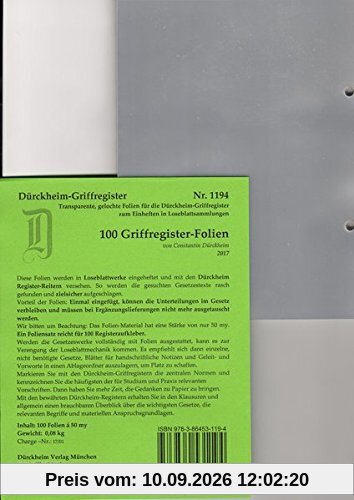 100 transparente Folien zum Einheften und Unterteilen der Gesetzessammlungen mit Dürckheim Griffregister: Diese Folien sind speziell für die roten ... Sartorius, Steuergesetze eingefügt.