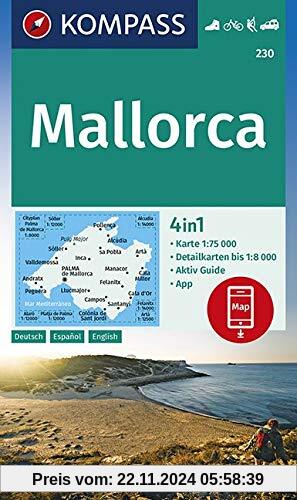 KOMPASS Wanderkarte Mallorca: 4in1 Wanderkarte 1:75000 mit Aktiv Guide und Detailkarten inklusive Karte zur offline Verw