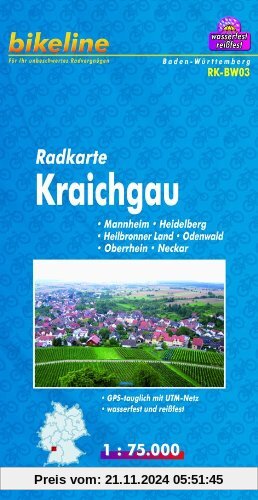 Radkarte Kraichgau, Mannheim - Heidelberg - Heilbronner Land - Odenwald - Oberrhein - Neckar, RK-BW03. 1 : 75 000, wasse