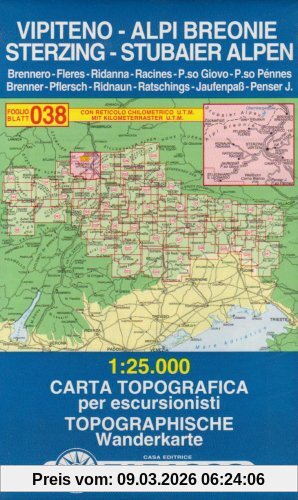 Sterzing, Stubaier Alpen, Wanderkarte Tabacco 038. 1, 25000 (Cartes Topograh)