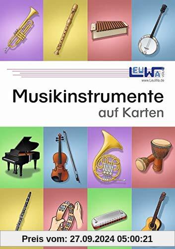 Musikinstrumente auf Karten: Technisch genau gezeichnete Musikinstrumente mit den Instrumentennamen und Instrumentengrup