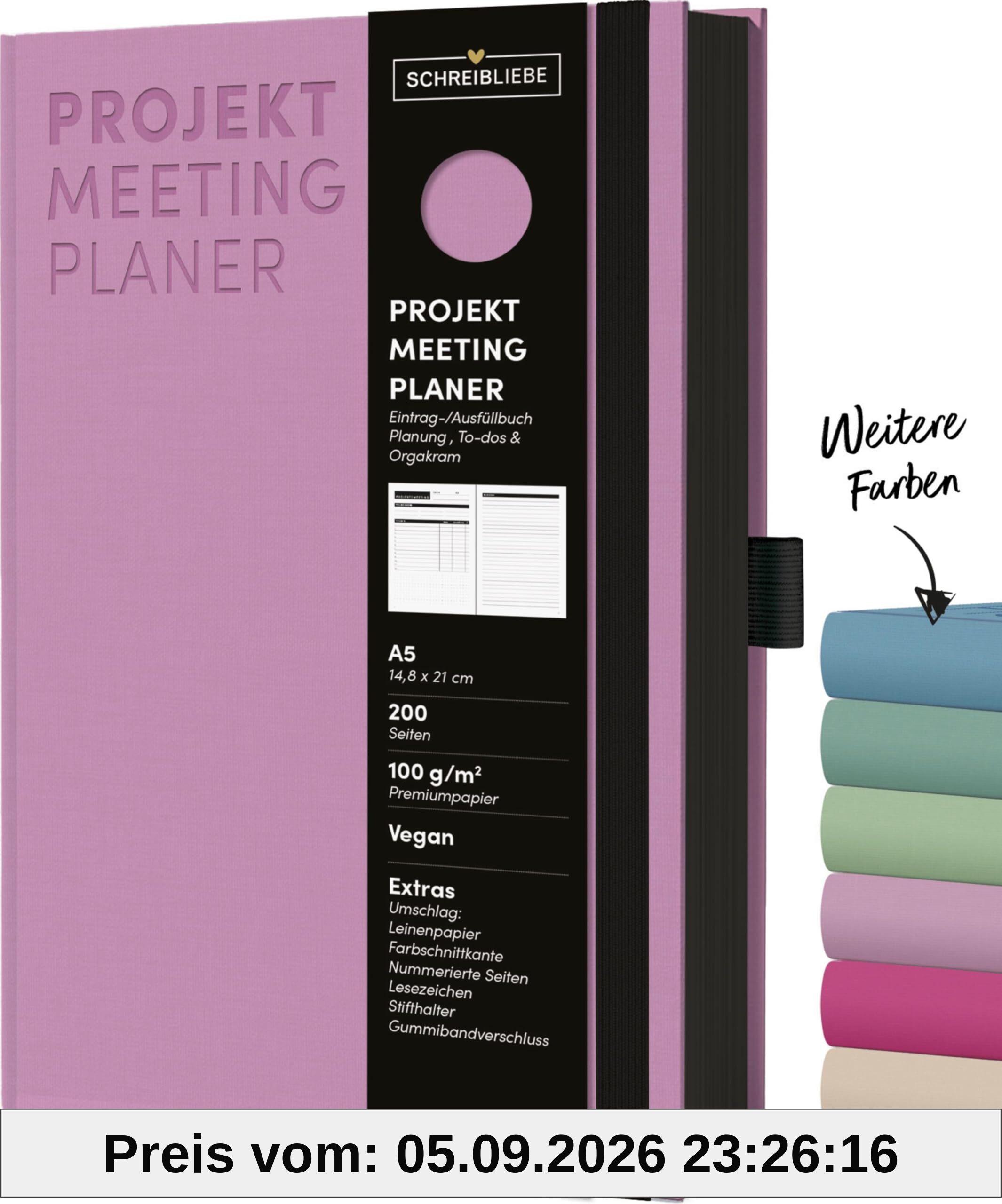 Projekt-Meeting Planer Flieder: Notizbuch A5, Ausfüllbuch mit Farbschnittkante, Lesebändchen, Stiftehalter und Gummiband, 200 Seiten - SchreibLiebe