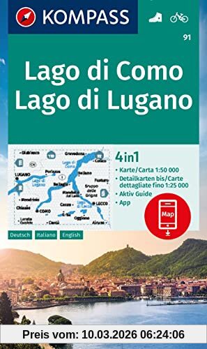 Kompass-Karten GmbH Kompass Wanderkarte 91 Lago Di Como, Lago Di Lugano 1, 50.000, 4in1 Wanderkarte Mit Aktiv Guide Und Detailkarten Inklusive Karte Zur Offline