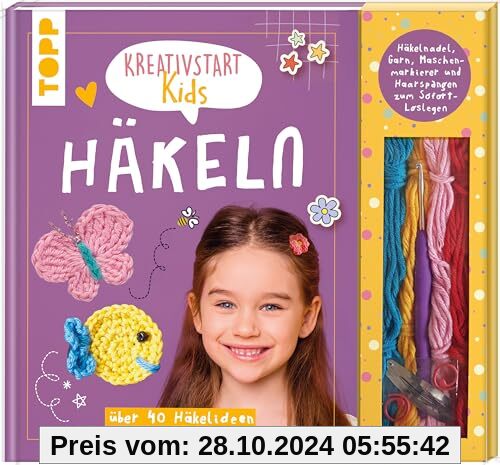 Kreativstart Kids Häkeln. Anleitungsbuch und Material: über 40 Häkelideen Schritt für Schritt erklärt. Häkelnadel, Garn,