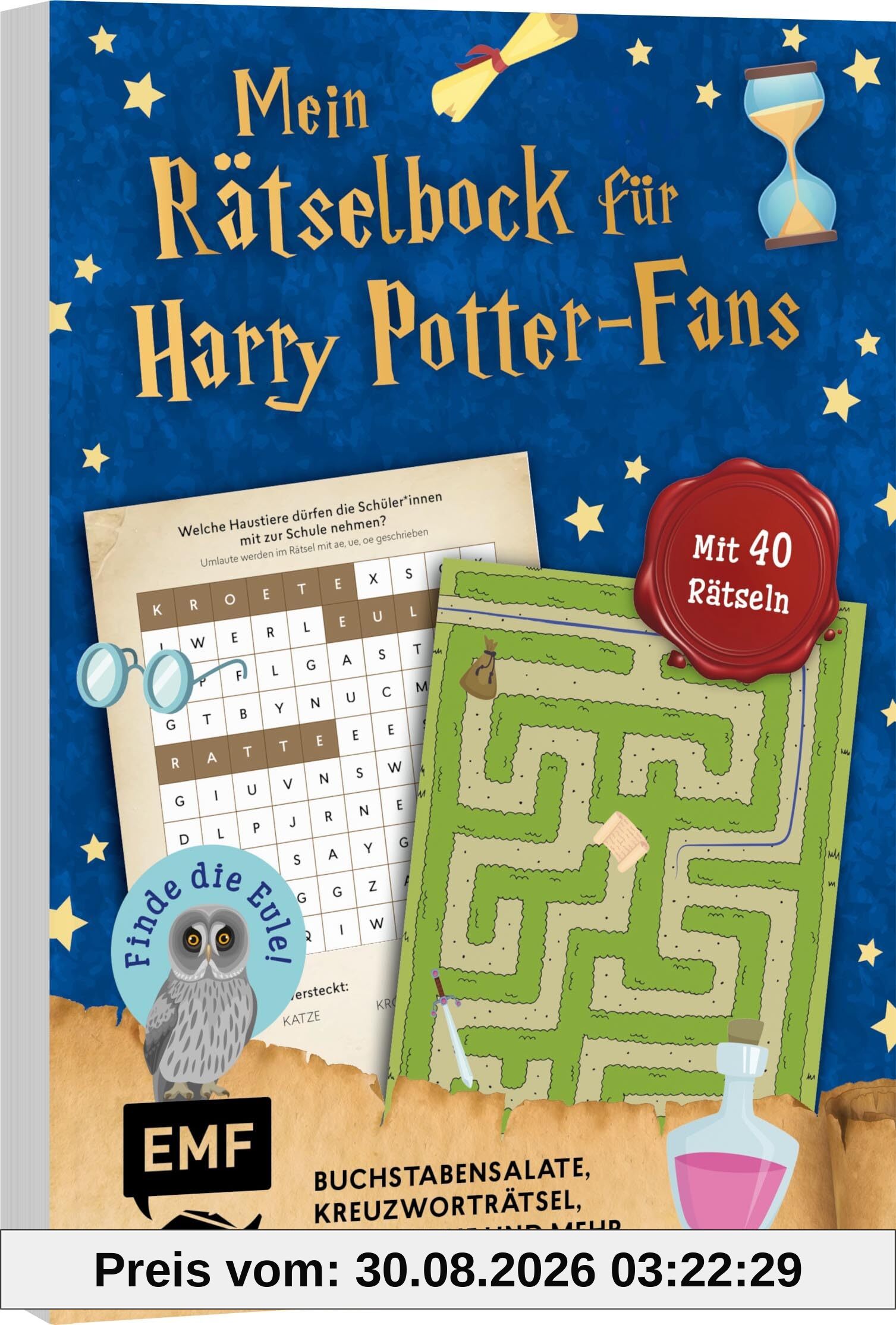 Mein zauberhafter Rätselblock für Harry Potter-Fans – Finde die Eule!: Mit 40 Rätseln: Buchstabensalate, Kreuzworträtsel, Labyrinthe und mehr