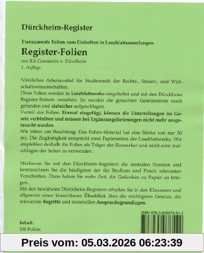 Constantin Dürckheim Griffregister-Folien (edition A-13) Zum Einheften Und Unterteilen Der Gesetzessammlungen Mit Original Dürckheim Griffregister (2013)
