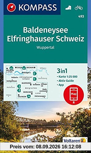 Baldeneysee, Elfringhauser Schweiz, Wuppertal: 3in1 Wanderkarte 1:25000 mt Aktiv Guide inklusive Karte zur offline Verwendung in der KOMPASS-App. Fahrradfahren. (KOMPASS-Wanderkarten, Band 493)