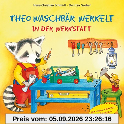 Theo Waschbär werkelt. In der Wekstatt