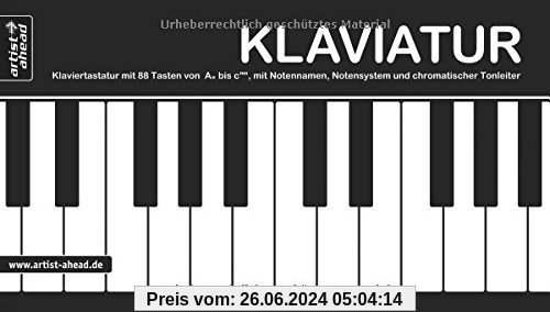 Klaviatur: Ausklappbare Klaviertastatur mit 88 Tasten von A'' bis c''''', mit Notennamen, Notensystem und chromatischer 