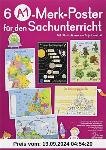 6 A1-Poster für den Sachunterricht – Deutschland, Europa, Wasserkreislauf, Sonnensystem, Bäume, Ernährungspyramide (Merk