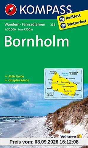 Bornholm: Wanderkarte mit Akiv Guide, Radrouten und Stadtplan von Ronne. 1:50000 (KOMPASS-Wanderkarten, Band 236)