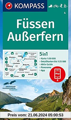 KOMPASS Wanderkarte Füssen, Außerfern: 5in1 Wanderkarte 1:50000 mit Panorama, Aktiv Guide und Detailkarten inklusive Kar