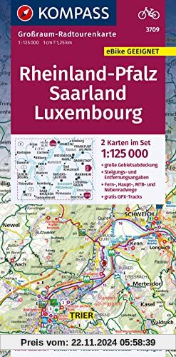 KOMPASS Großraum-Radtourenkarte 3709 Rheinland-Pfalz, Saarland, Luxembourg 1:125.000: 2 Karten im Set, reiß- und wetterf