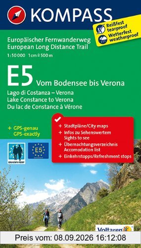 E5 Vom Bodensee bis Verona: Wander-Tourenkarte. GPS-genau. 1:50000