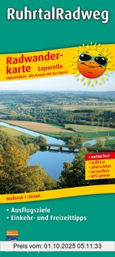 Radwanderkarte Ruhrtal-Radweg, Winterberg - Duisburg: Mit Ausflugszielen, Einkehr- und Freizeittipps, reissfest, wetterfest, GPS-genau. 1:50000