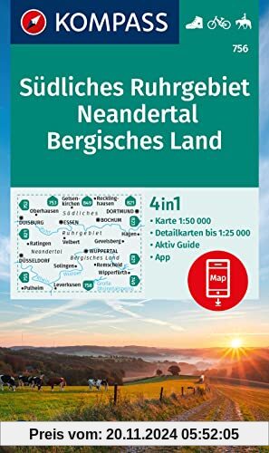 KOMPASS Wanderkarte 756 Südliches Ruhrgebiet, Neandertal, Bergisches Land 1:50.000: 4in1 Wanderkarte, mit Aktiv Guide un