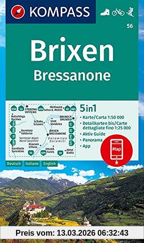 Kompass-Karten GmbH Kompass Wanderkarte Brixen, Bressanone, 5in1 Wanderkarte 1, 50000 Mit Aktiv Guide, Detailkarten Und Panorama Inklusive Karte Zur Offline Verwendung