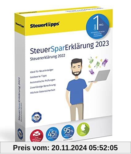 SteuerSparErklärung 2023, Schritt-für-Schritt Steuersoftware für die Steuererklärung 2022, CD-Version für Windows 8, 10 