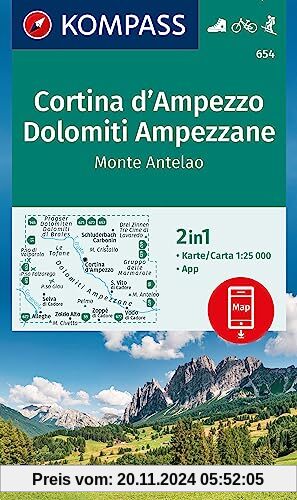 KOMPASS Wanderkarte 654 Cortina d'Ampezzo, Dolomiti Ampezzane, Monte Antelao 1:25.000: markierte Wanderwege, Hütten, Fah