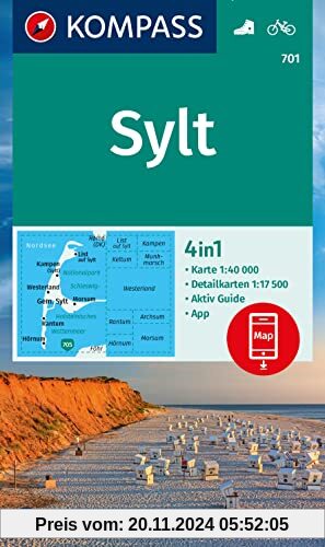 KOMPASS Wanderkarte 701 Sylt mit Ortsplänen 1:40.000: 4in1 Wanderkarte, mit Aktiv Guide und Ortsplänen inklusive Karte z