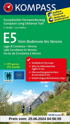 E5 Vom Bodensee bis Verona: Wander-Tourenkarte. GPS-genau. 1:50000