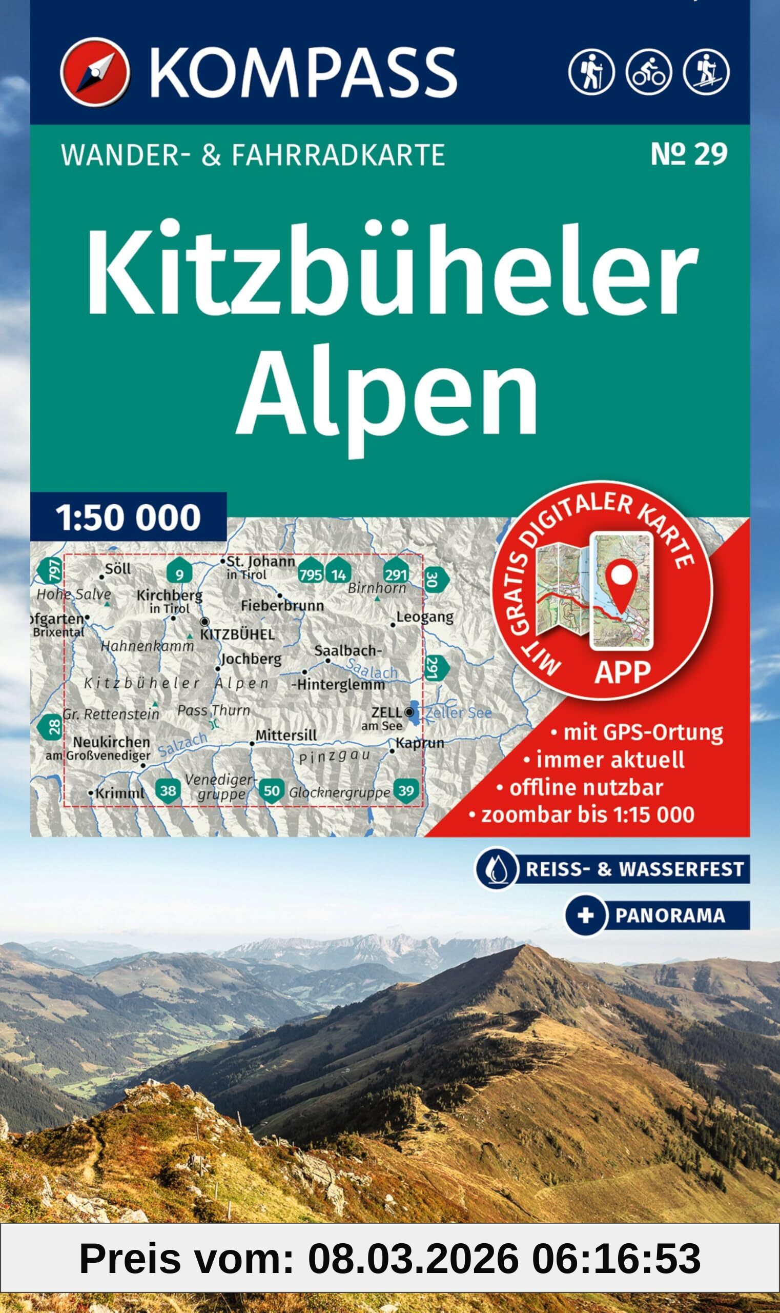unbekannt Kompass Wanderkarte 29 Kitzbüheler Alpen 1, 50.000, Wander- Und Fahrradkarte In Einem - Inklusive Offline-Verwendung In Der Kompass-App. Wander-&