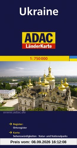 ADAC Länderkarte Ukraine 1:750.000: Register: Legende, Cityplan, Ortsregister. Karte: Sehenswürdigkeiten, Natur- und Nationalparks, landschaftlich schöne Strecken