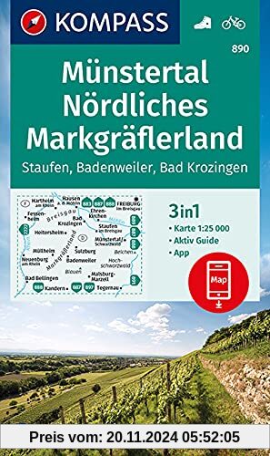 KOMPASS Wanderkarte Münstertal, Nördliches Markgräflerland, Staufen, Badenweiler, Bad Krozingen: 3in1 Wanderkarte 1:2500